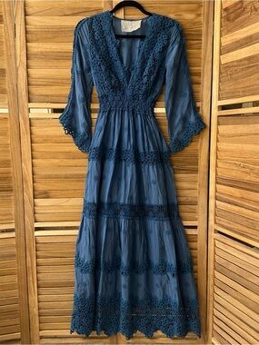 Temptation Positano  V-Neck Maxi Dress with Lace details in blue size S